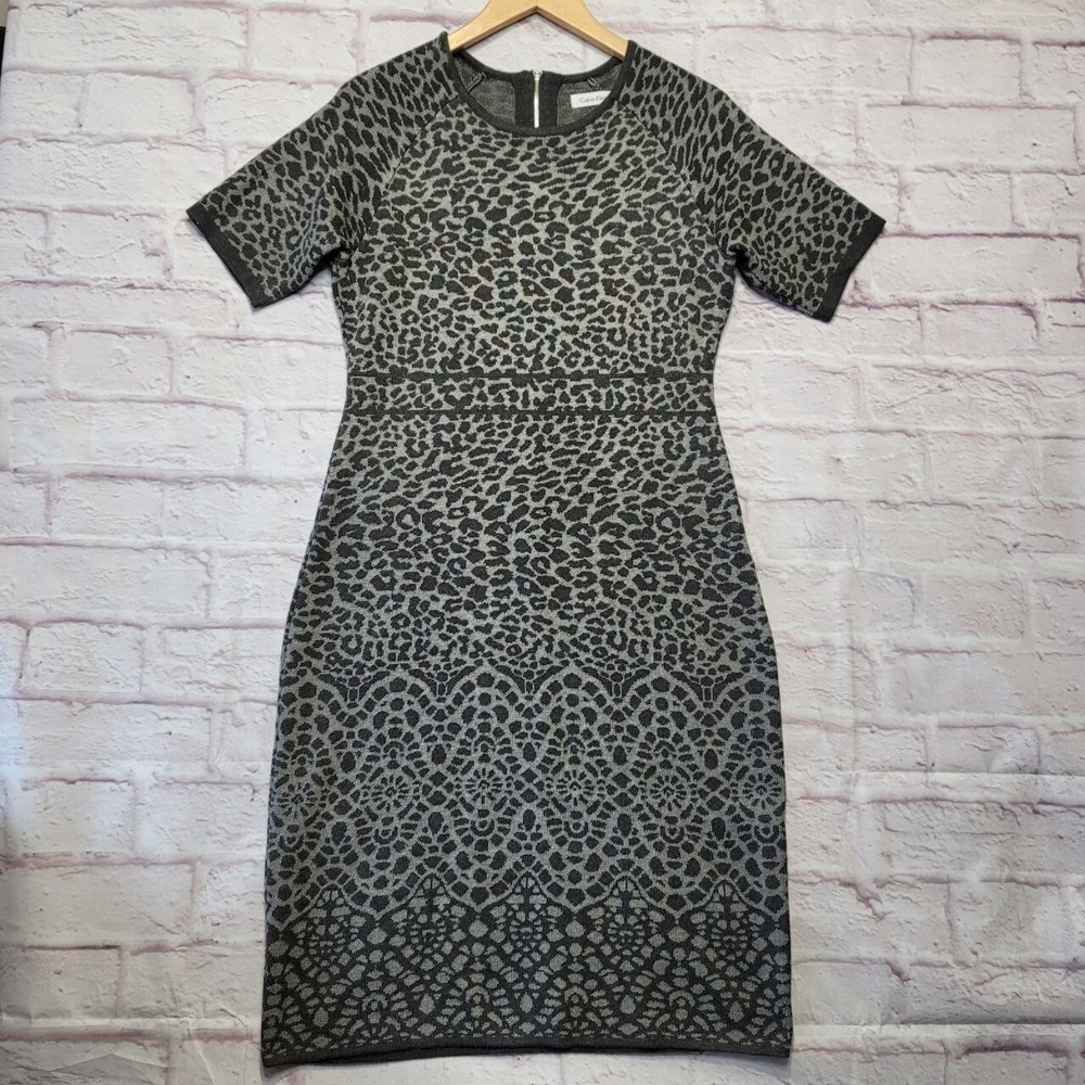 Calvin Klein Sheath Sweater Dress Womens Medium Gray Animal Print Career Warm